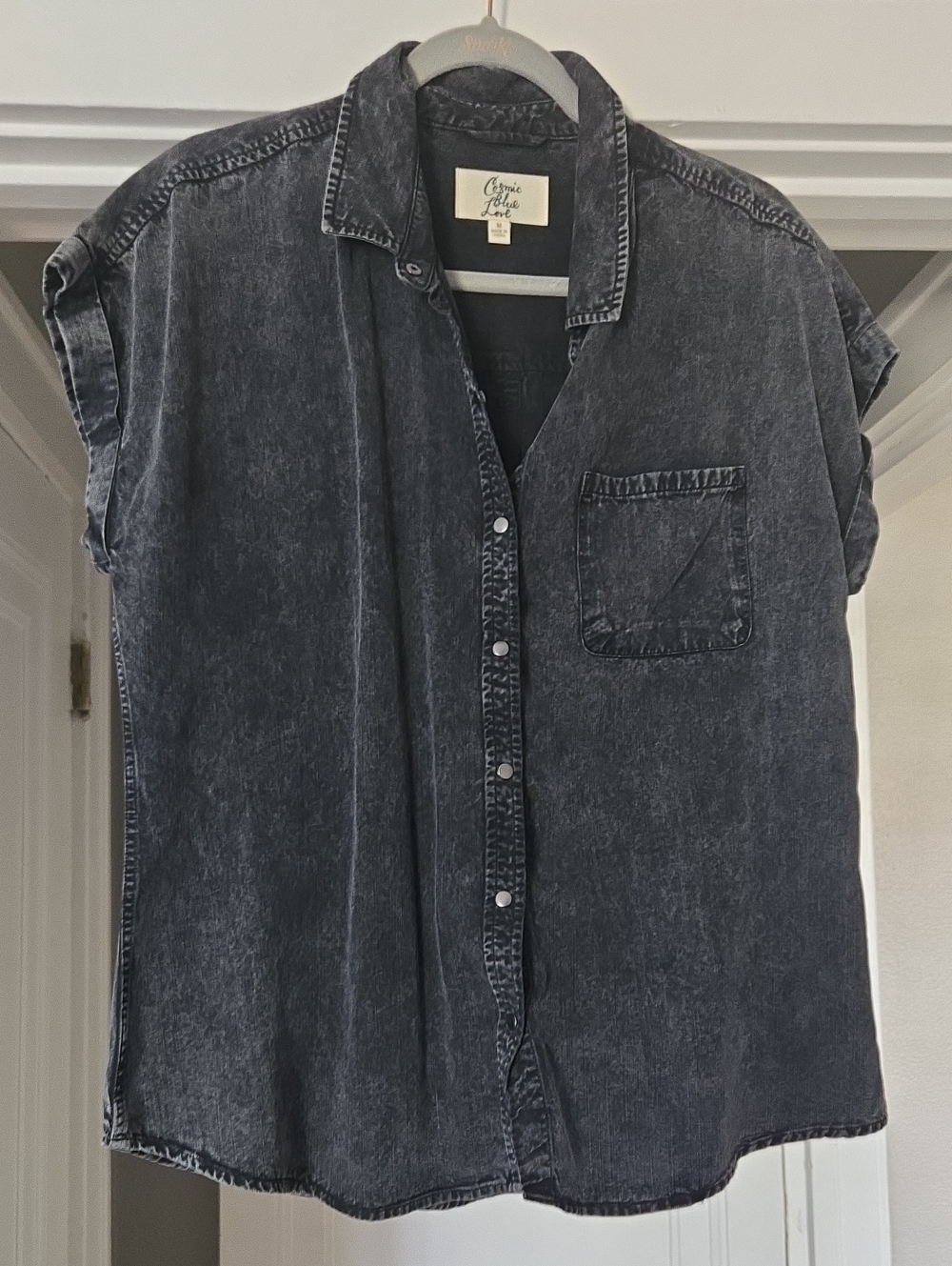 Classic Washed Black Short-Sleeve Snap-Up Shirt by Cosmic Blue Love